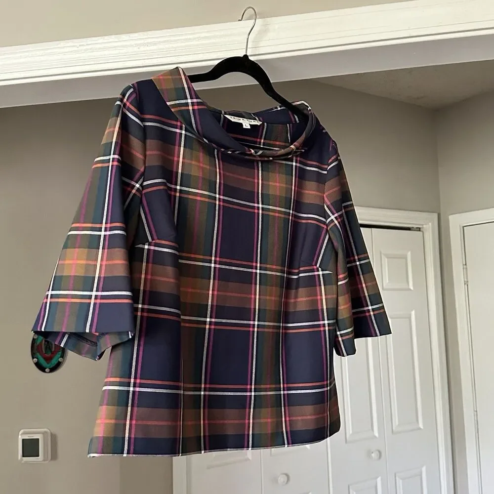 Trina Turk Kailee Plaid Roll Neck Boxy Top Size Large Women’s Classic Workwear - Picture 5 of 11